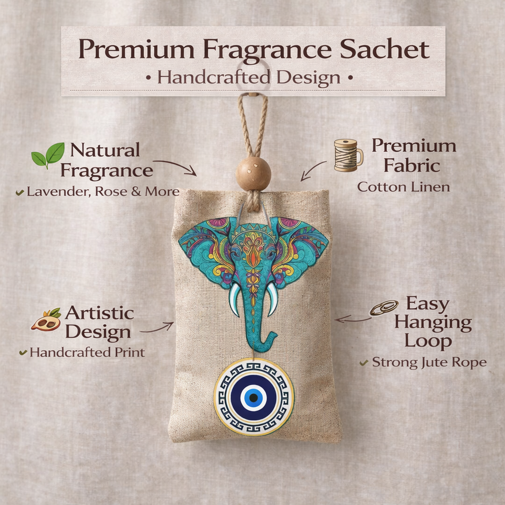Natural aroma sachet hanging air freshener with elephant design and evil eye charm for car home wardrobe fragrance