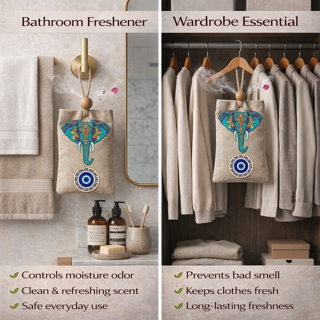 Natural aroma sachet hanging air freshener with elephant design and evil eye charm for car home wardrobe fragrance