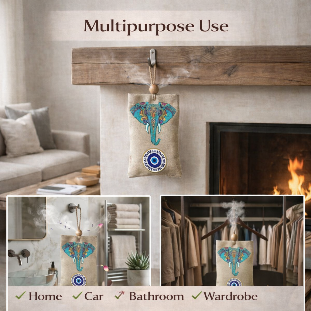 Natural aroma sachet hanging air freshener with elephant design and evil eye charm for car home wardrobe fragrance
