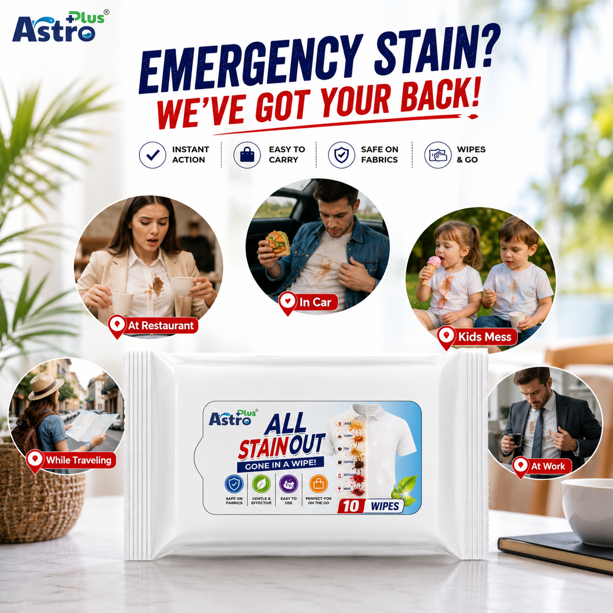 Astro Plus All Stain Out Instant Fabric Wipes 10 Pack | Removes Tea, Coffee, Curry, Juice, Ketchup & Wine Stains | Safe on Colored Clothes