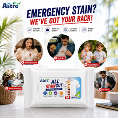 Astro Plus All Stain Out Instant Fabric Wipes 10 Pack | Removes Tea, Coffee, Curry, Juice, Ketchup & Wine Stains | Safe on Colored Clothes