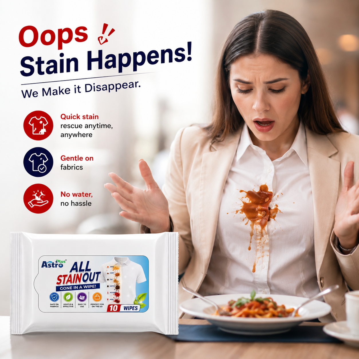 Astro Plus All Stain Out Instant Fabric Wipes 10 Pack | Removes Tea, Coffee, Curry, Juice, Ketchup & Wine Stains | Safe on Colored Clothes