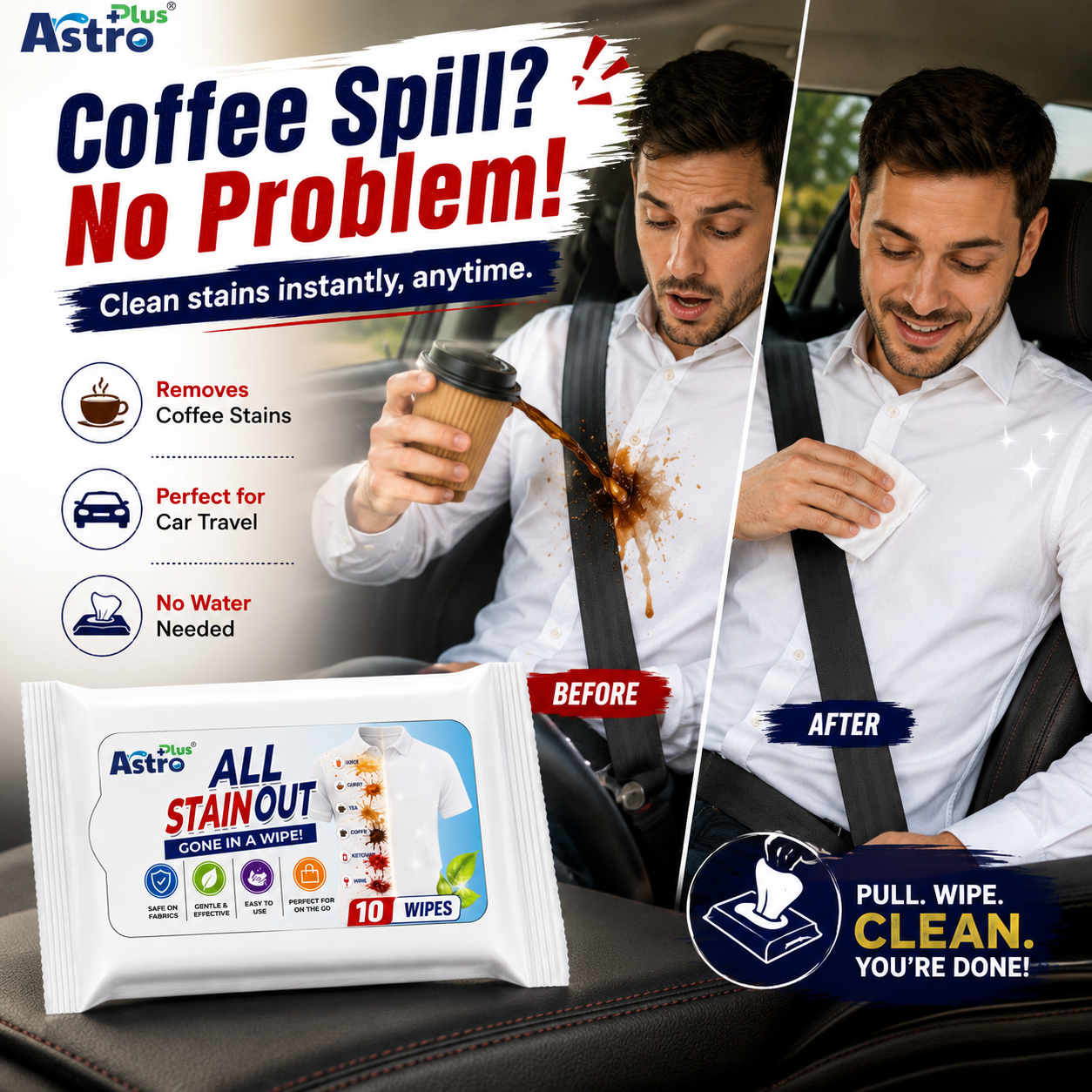 Astro Plus All Stain Out Instant Fabric Wipes 10 Pack | Removes Tea, Coffee, Curry, Juice, Ketchup & Wine Stains | Safe on Colored Clothes