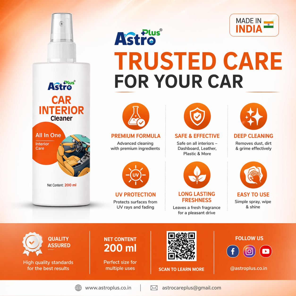 Astro Plus Car Interior Cleaner Spray 200ml All-in-One Dashboard and Seat Cleaning Solution