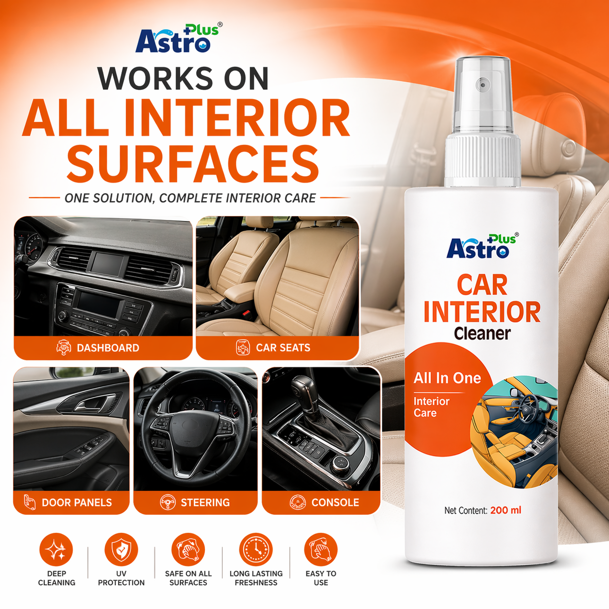 Astro Plus Car Interior Cleaner Spray 200ml All-in-One Dashboard and Seat Cleaning Solution