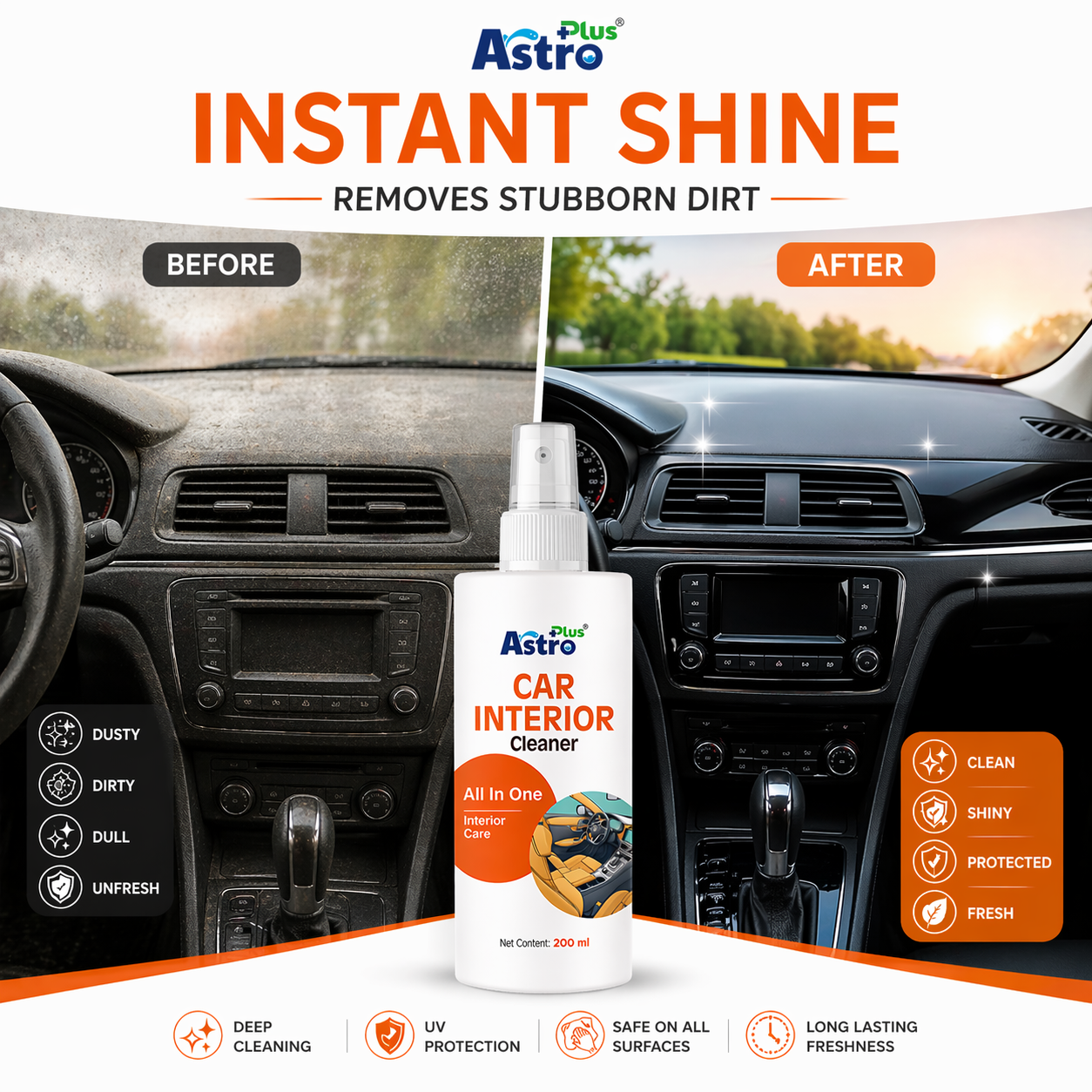 Astro Plus Car Interior Cleaner Spray 200ml All-in-One Dashboard and Seat Cleaning Solution