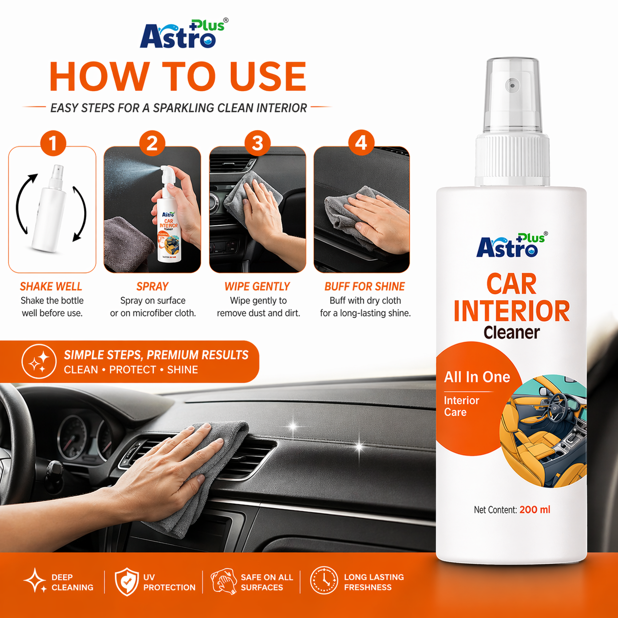 Astro Plus Car Interior Cleaner Spray 200ml All-in-One Dashboard and Seat Cleaning Solution