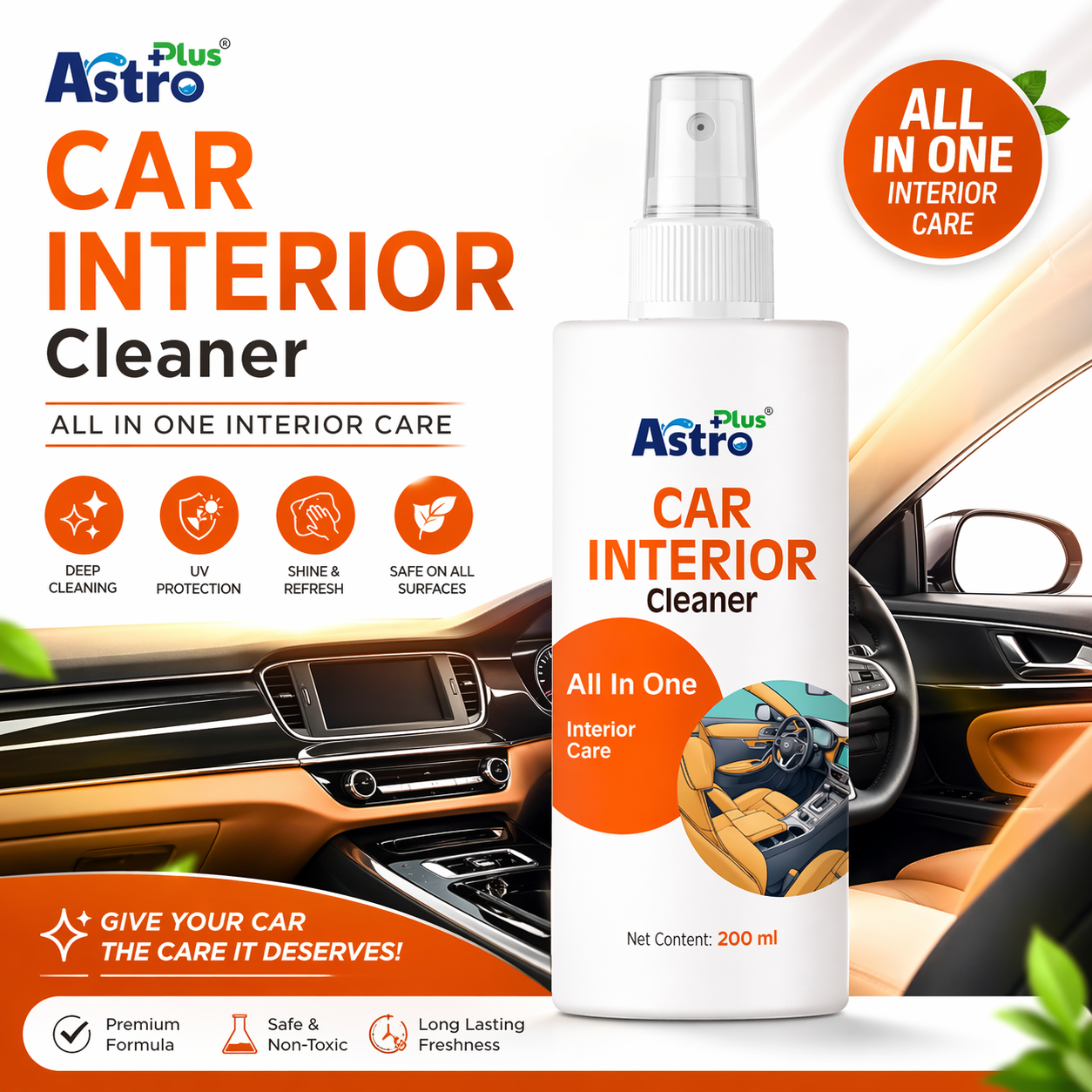 Astro Plus Car Interior Cleaner Spray 200ml All-in-One Dashboard and Seat Cleaning Solution
