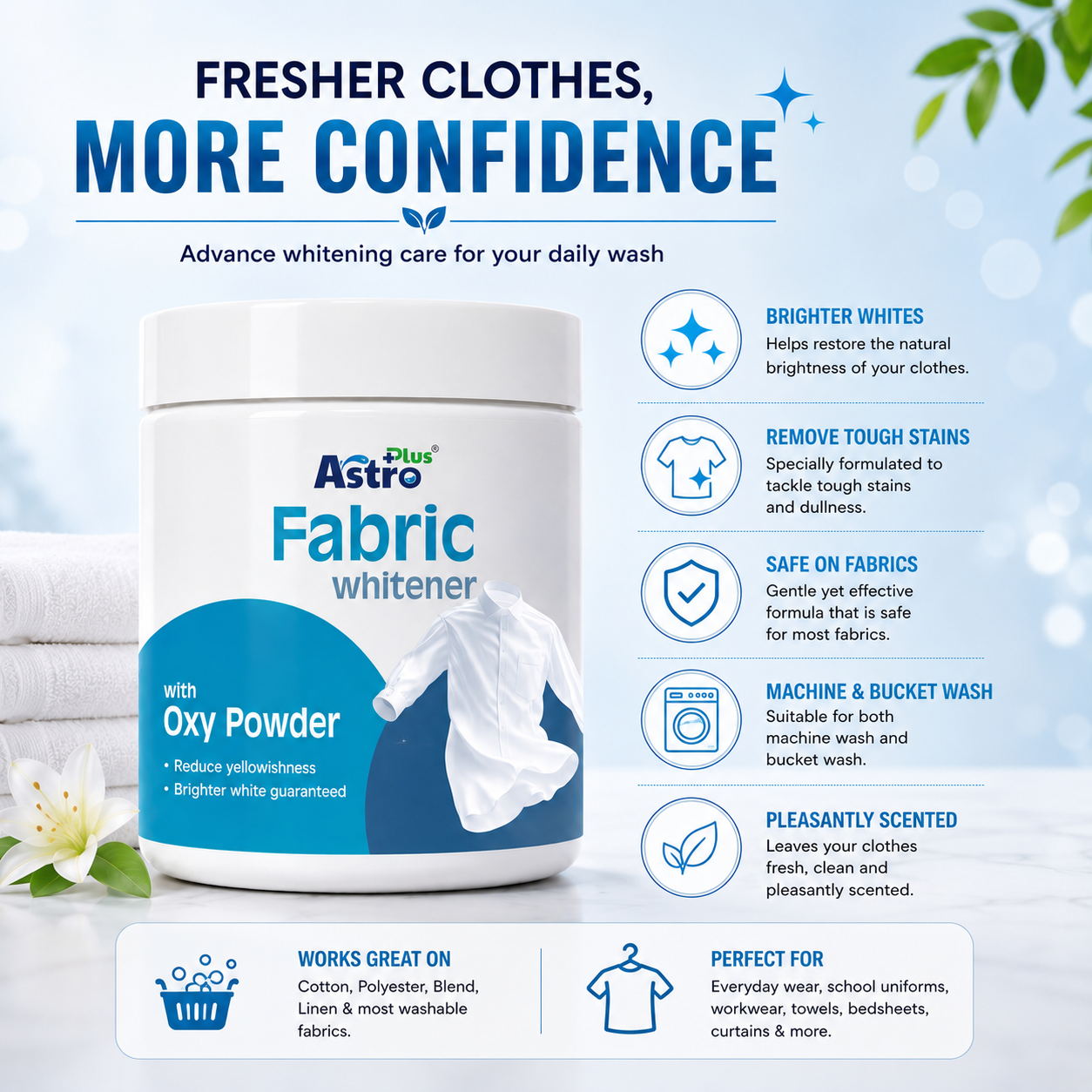 Astro Plus Fabric Whitener with Oxy Powder|oxygen fabric whitener for white clothes| fabric whitening powder, white clothes stain remover| oxygen bleach laundry powder| laundry whitener for white shirts| yellow stain remover for fabric| fabric brightener powder| Astro Plus laundry whitener| whitening powder for clothes