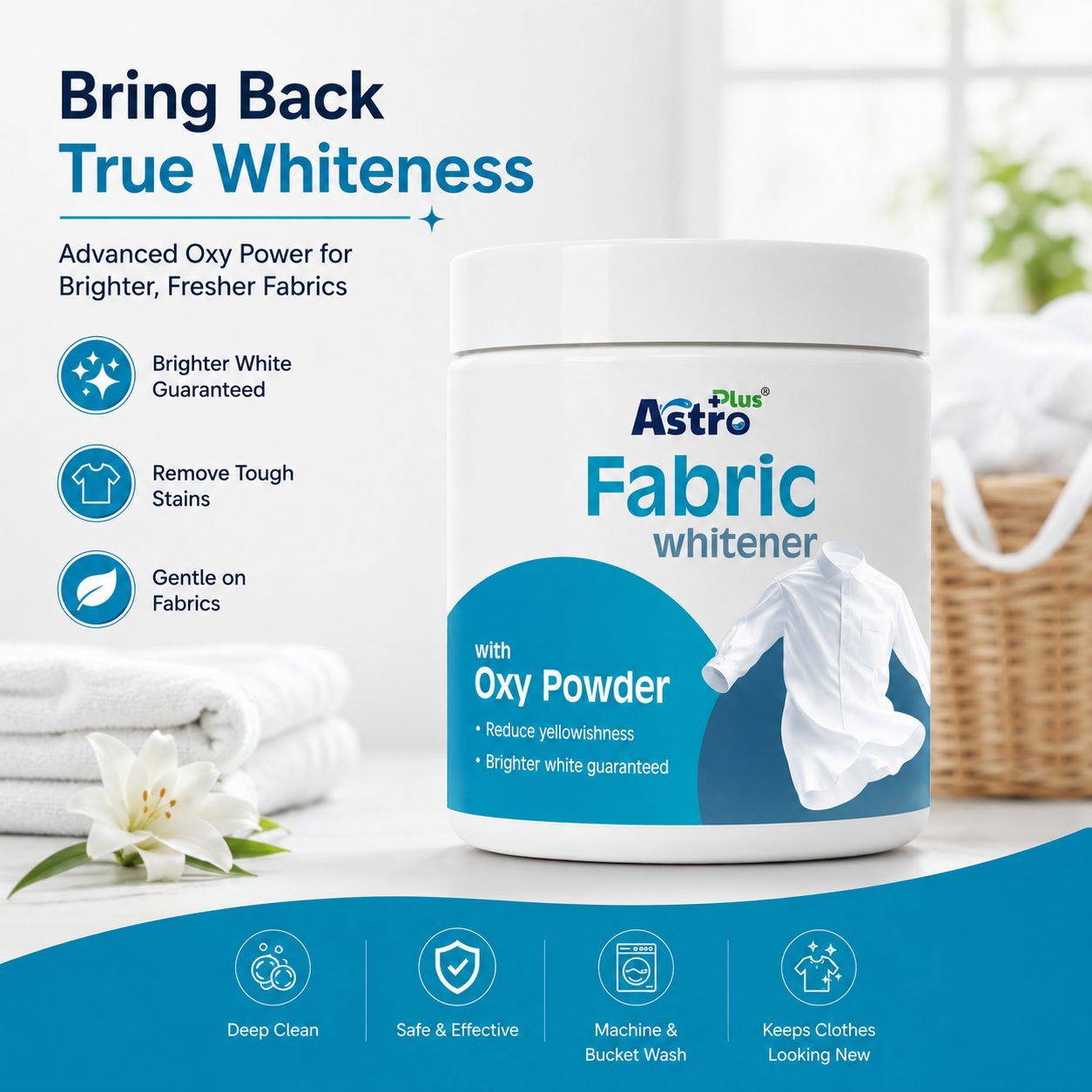 Astro Plus Fabric Whitener with Oxy Powder|oxygen fabric whitener for white clothes| fabric whitening powder, white clothes stain remover| oxygen bleach laundry powder| laundry whitener for white shirts| yellow stain remover for fabric| fabric brightener powder| Astro Plus laundry whitener| whitening powder for clothes