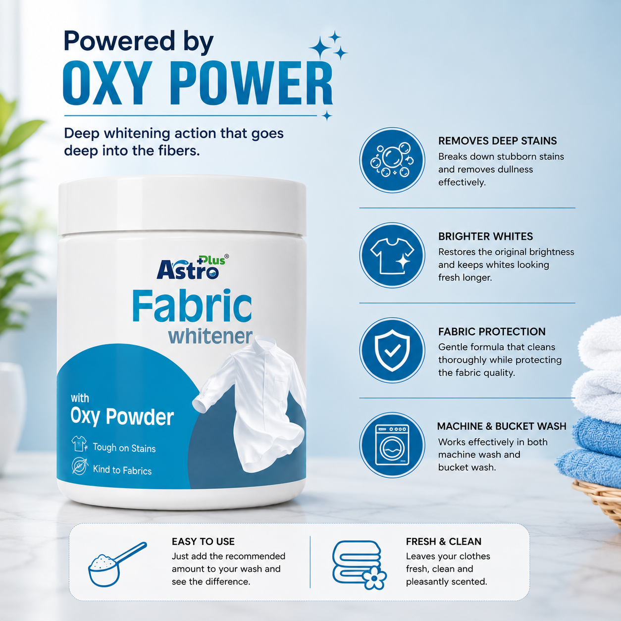 Astro Plus Fabric Whitener with Oxy Powder|oxygen fabric whitener for white clothes| fabric whitening powder, white clothes stain remover| oxygen bleach laundry powder| laundry whitener for white shirts| yellow stain remover for fabric| fabric brightener powder| Astro Plus laundry whitener| whitening powder for clothes