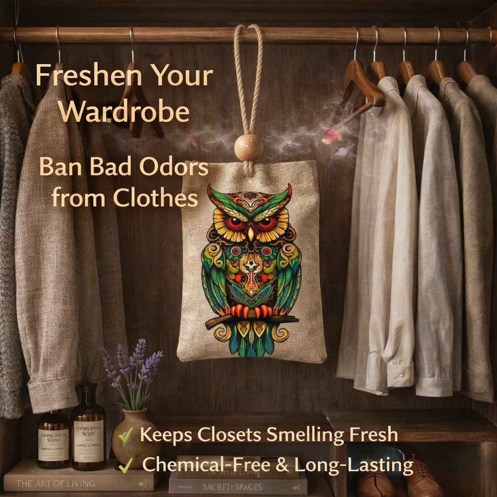 Colorful owl-themed air freshener hanging on a closet with text about wardrobes and odors.