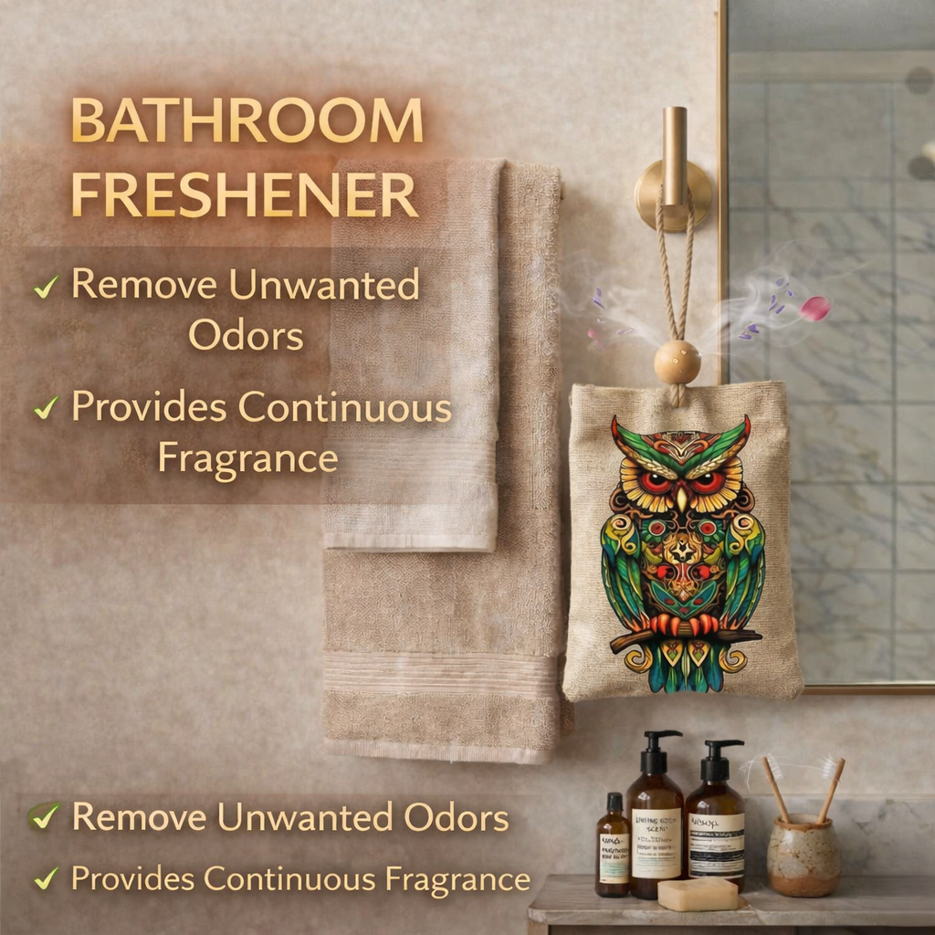 Bathroom setting with towels, owl-themed pouch, and bathroom products on a neutral wall.