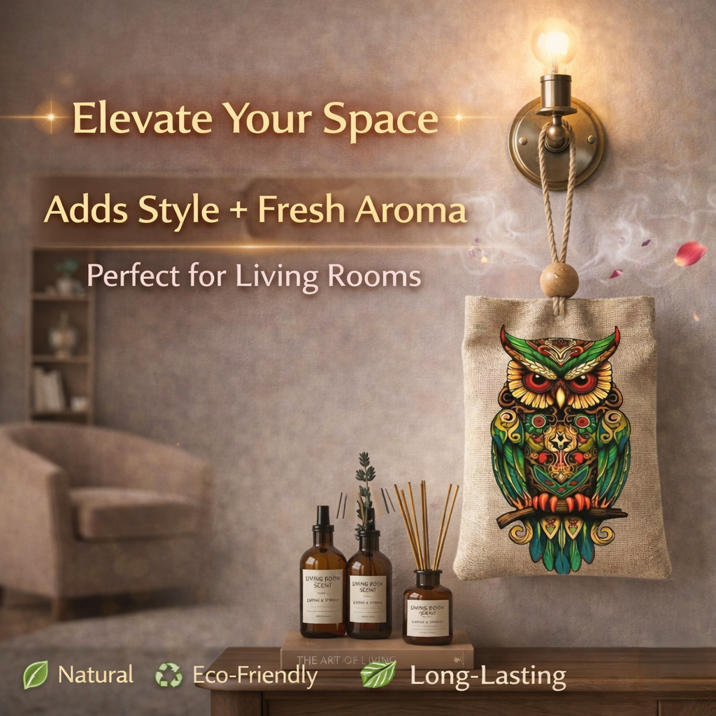 Decorative owl pillow on a wall with diffusers and text promoting space elevation.