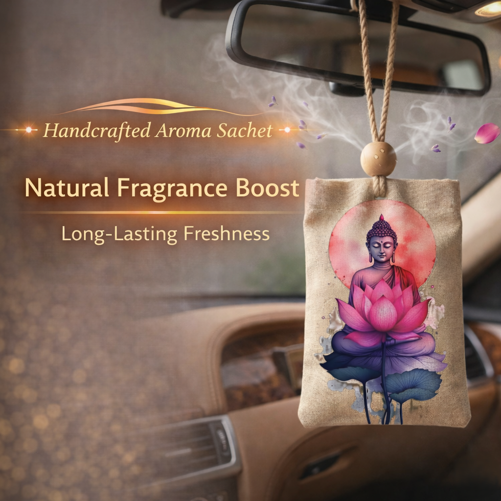 Car air freshener with Buddha and lotus design hanging from a car's rearview mirror.