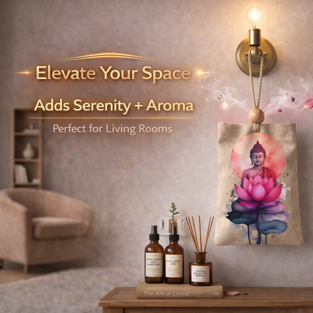 Decorative items including a Buddha painting, diffusers, and candles on a table with text 'Elevate Your Space Adds Serenity + Aroma' in a living room setting.