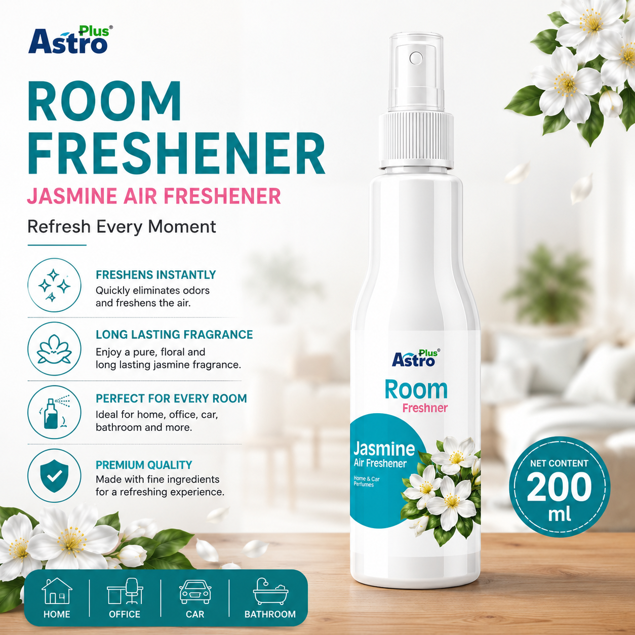 Astro Plus Jasmine Room Freshener 200ml | Jasmine Air Freshener Spray | Long Lasting Room Freshener | Home Air Freshener Spray | Bathroom Air Freshener | Office Room Freshener | Car Air Freshener Spray | Floral Jasmine Room Spray | Room Deodorizer Spray | Odour Eliminator Spray | Home Fragrance Spray | Premium Jasmine Air Freshener | Indoor Air Freshener | Air Freshener for Home and Office | Astro Plus Room Freshener | Jasmine Room Perfume Spray | Fresh Floral Room Spray | Bathroom Odour Remover | Long Last