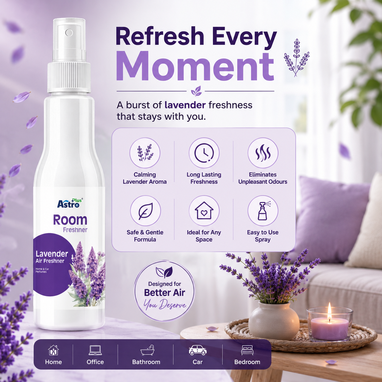 Astro Plus Lavender Room Freshener 200ml | Lavender Air Freshener Spray | Long Lasting Room Freshener | Home Air Freshener Spray | Bathroom Air Freshener | Office Room Freshener | Car Air Freshener Spray | Floral Lavender Room Spray | Room Deodorizer Spray | Odour Eliminator Spray | Home Fragrance Spray | Premium Lavender Air Freshener | Indoor Air Freshener | Air Freshener for Home and Office | Astro Plus Room Freshener | Lavender Room Perfume Spray | Fresh Floral Room Spray | Bathroom Odour Remover | Long