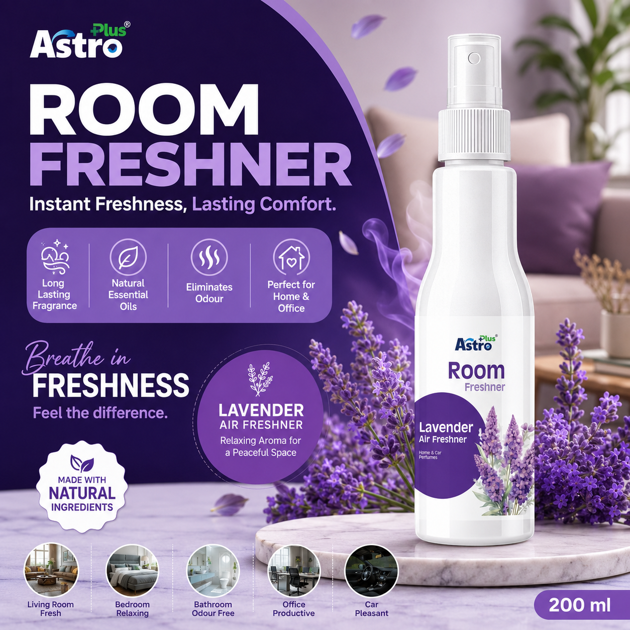 Astro Plus Lavender Room Freshener 200ml | Lavender Air Freshener Spray | Long Lasting Room Freshener | Home Air Freshener Spray | Bathroom Air Freshener | Office Room Freshener | Car Air Freshener Spray | Floral Lavender Room Spray | Room Deodorizer Spray | Odour Eliminator Spray | Home Fragrance Spray | Premium Lavender Air Freshener | Indoor Air Freshener | Air Freshener for Home and Office | Astro Plus Room Freshener | Lavender Room Perfume Spray | Fresh Floral Room Spray | Bathroom Odour Remover | Long