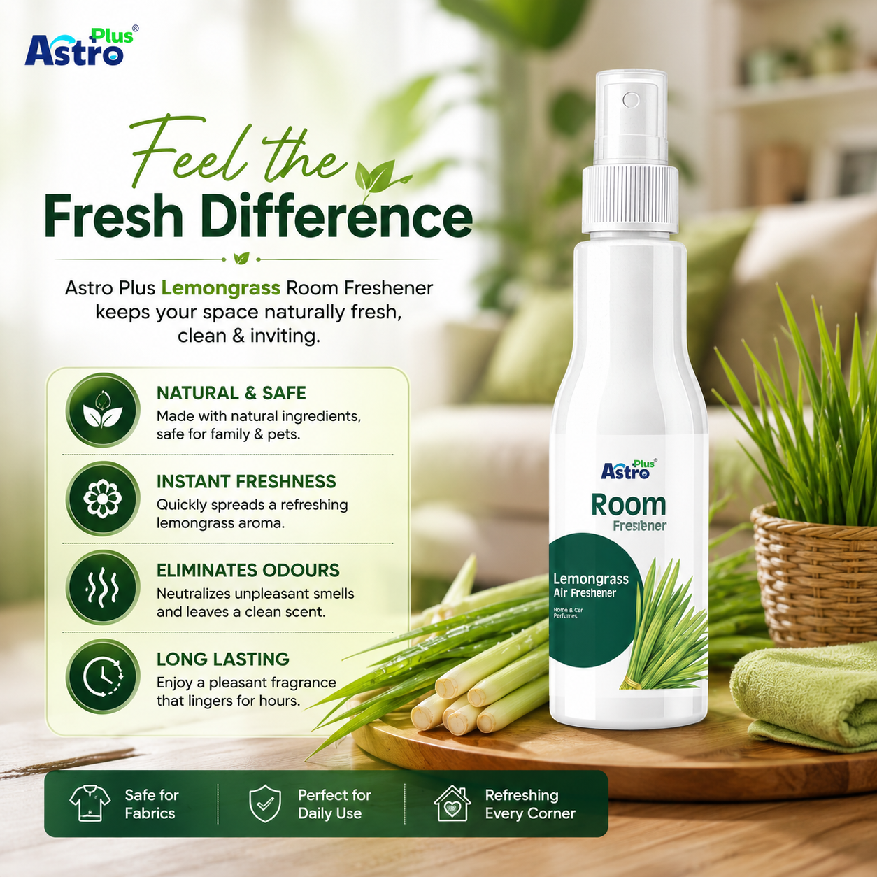 Astro Plus Lemongrass Room Freshener Spray 200ml | Lemongrass Air Freshener | Long Lasting Room Spray | Home Air Freshener | Car Air Freshener | Bathroom Freshener | Kitchen Odour Remover | Office Room Spray | Premium Air Freshener | Fresh Fragrance Spray