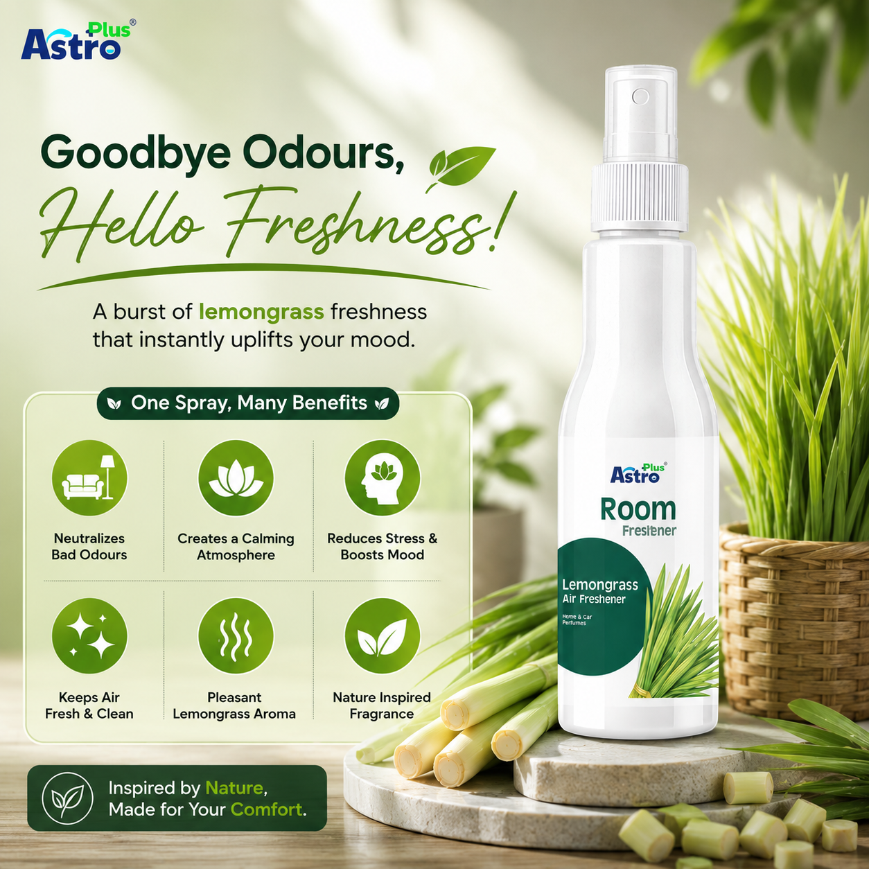 Astro Plus Lemongrass Room Freshener Spray 200ml | Lemongrass Air Freshener | Long Lasting Room Spray | Home Air Freshener | Car Air Freshener | Bathroom Freshener | Kitchen Odour Remover | Office Room Spray | Premium Air Freshener | Fresh Fragrance Spray