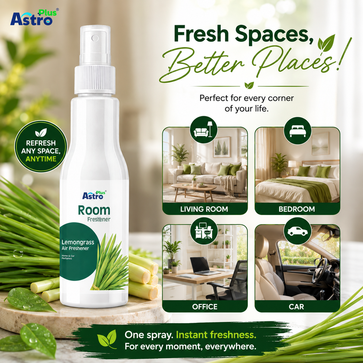 Astro Plus Lemongrass Room Freshener Spray 200ml | Lemongrass Air Freshener | Long Lasting Room Spray | Home Air Freshener | Car Air Freshener | Bathroom Freshener | Kitchen Odour Remover | Office Room Spray | Premium Air Freshener | Fresh Fragrance Spray