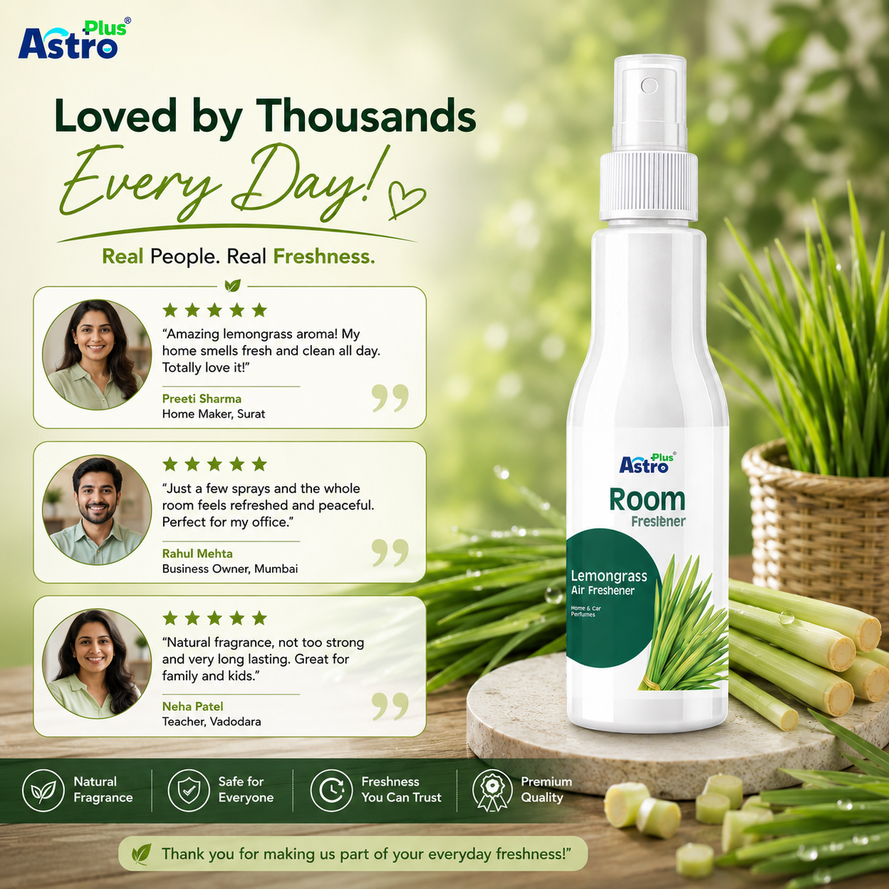 Astro Plus Lemongrass Room Freshener Spray 200ml | Lemongrass Air Freshener | Long Lasting Room Spray | Home Air Freshener | Car Air Freshener | Bathroom Freshener | Kitchen Odour Remover | Office Room Spray | Premium Air Freshener | Fresh Fragrance Spray