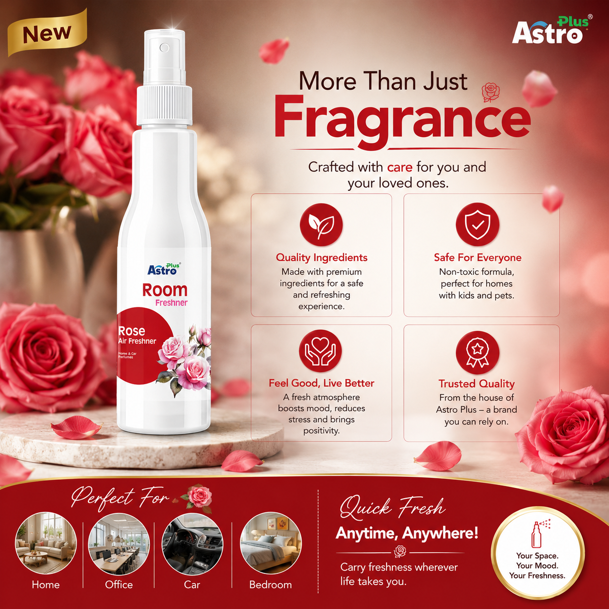 Astro Plus Rose Room Freshener Spray 200ml | Rose Air Freshener | Long Lasting Room Freshener | Home Air Freshener | Car Air Freshener | Bathroom Freshener | Kitchen Odour Remover | Office Room Spray | Floral Fragrance Spray | Premium Air Freshener