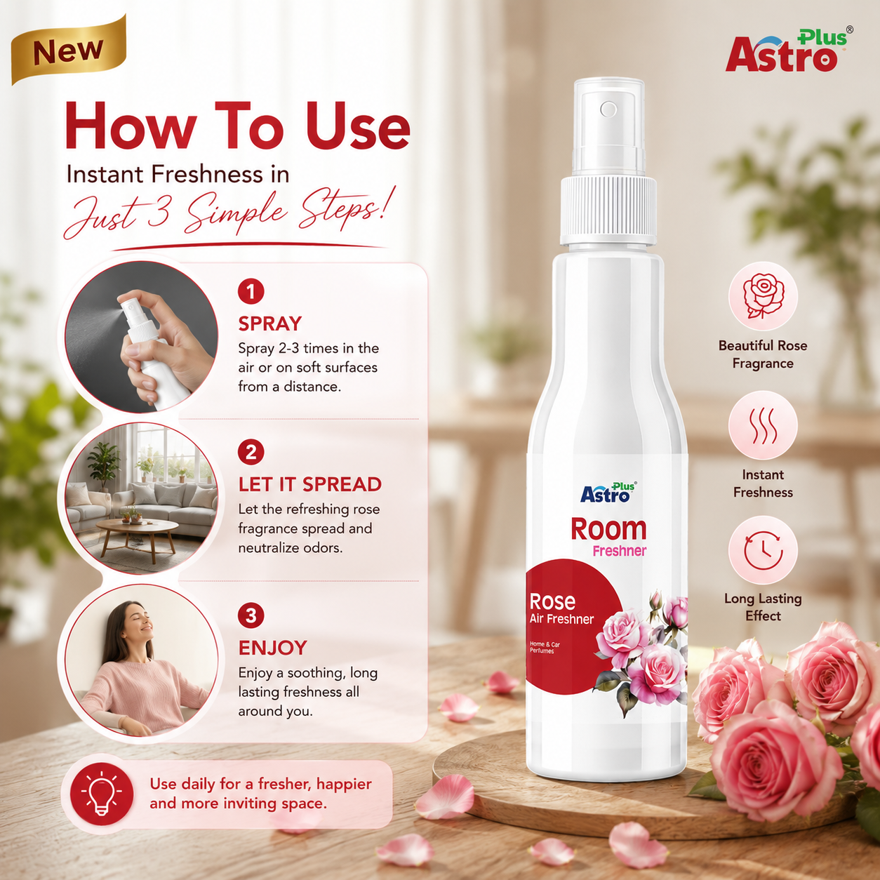 Astro Plus Rose Room Freshener Spray 200ml | Rose Air Freshener | Long Lasting Room Freshener | Home Air Freshener | Car Air Freshener | Bathroom Freshener | Kitchen Odour Remover | Office Room Spray | Floral Fragrance Spray | Premium Air Freshener