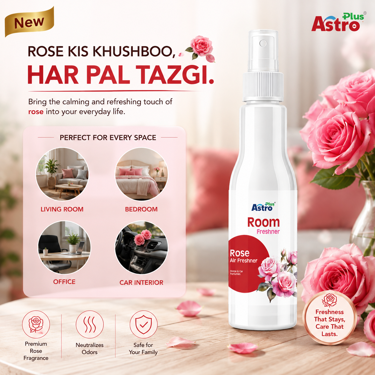 Astro Plus Rose Room Freshener Spray 200ml | Rose Air Freshener | Long Lasting Room Freshener | Home Air Freshener | Car Air Freshener | Bathroom Freshener | Kitchen Odour Remover | Office Room Spray | Floral Fragrance Spray | Premium Air Freshener