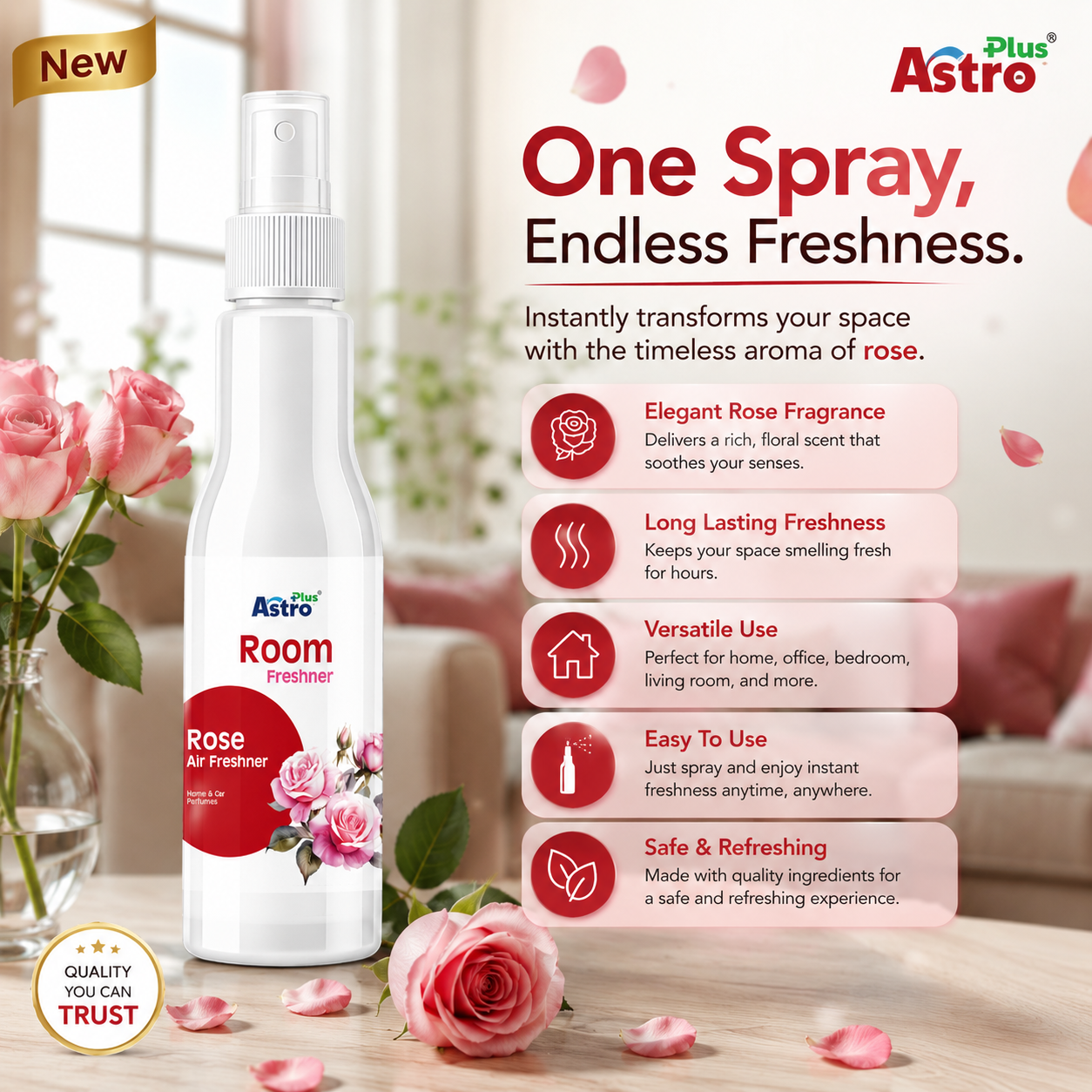 Astro Plus Rose Room Freshener Spray 200ml | Rose Air Freshener | Long Lasting Room Freshener | Home Air Freshener | Car Air Freshener | Bathroom Freshener | Kitchen Odour Remover | Office Room Spray | Floral Fragrance Spray | Premium Air Freshener