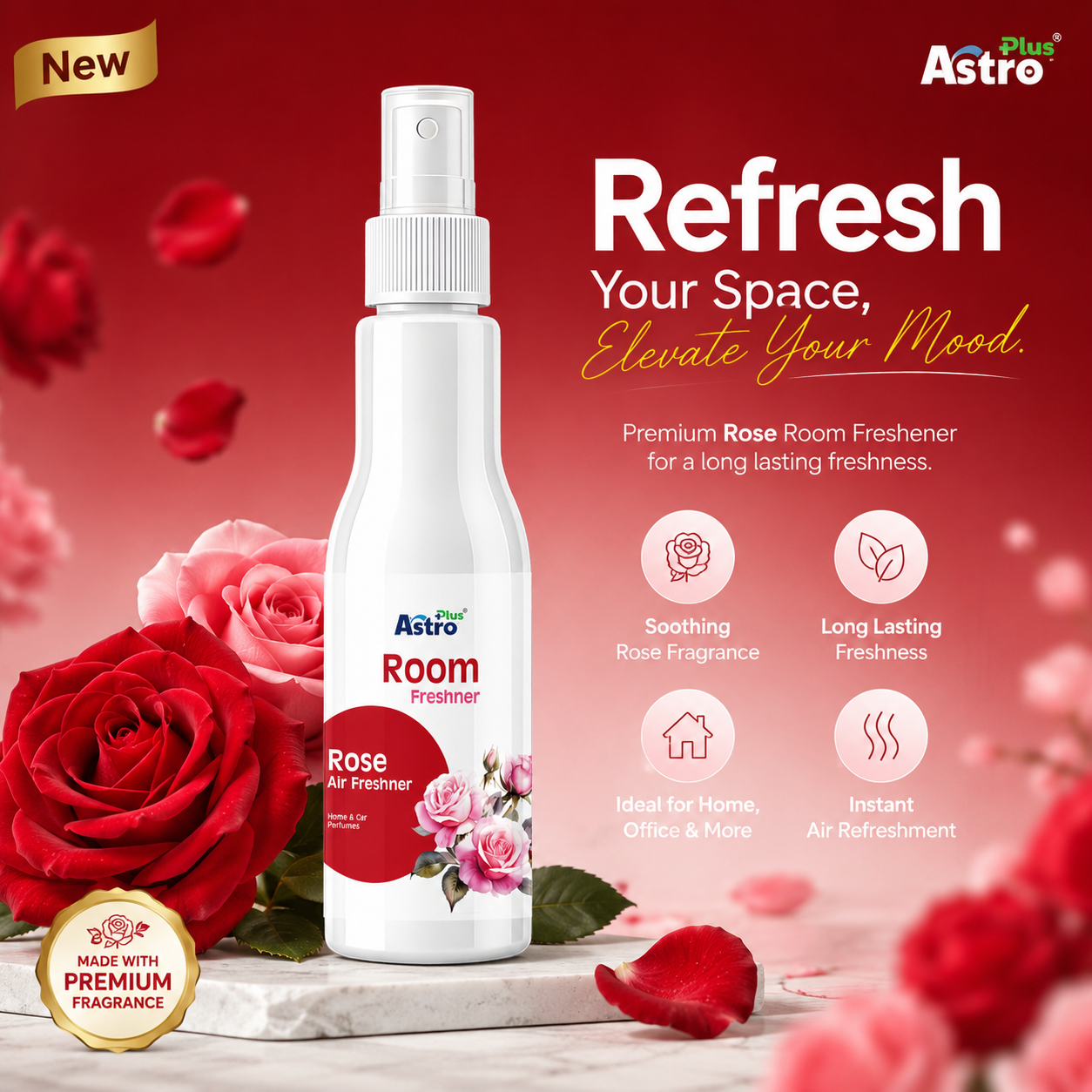 Astro Plus Rose Room Freshener Spray 200ml | Rose Air Freshener | Long Lasting Room Freshener | Home Air Freshener | Car Air Freshener | Bathroom Freshener | Kitchen Odour Remover | Office Room Spray | Floral Fragrance Spray | Premium Air Freshener