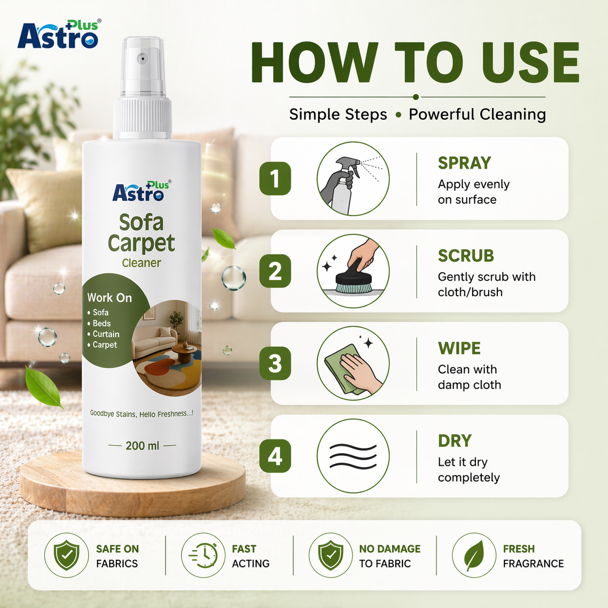 Astro Plus Sofa and Carpet Cleaner Spray 200ml Upholstery and Fabric Cleaning Solution