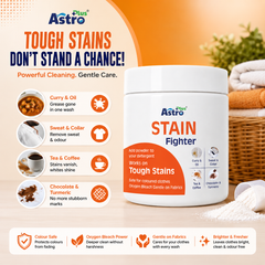 Astro Plus Stain Fighter oxygen bleach powder| fabric stain remover for coloured clothes| laundry stain remover powder| curry and oil stain remover| tea and coffee stain remover| chocolate stain remover powder| sweat and collar stain remover| oxygen bleach laundry booster| colour safe stain remover| Astro Plus fabric cleaner