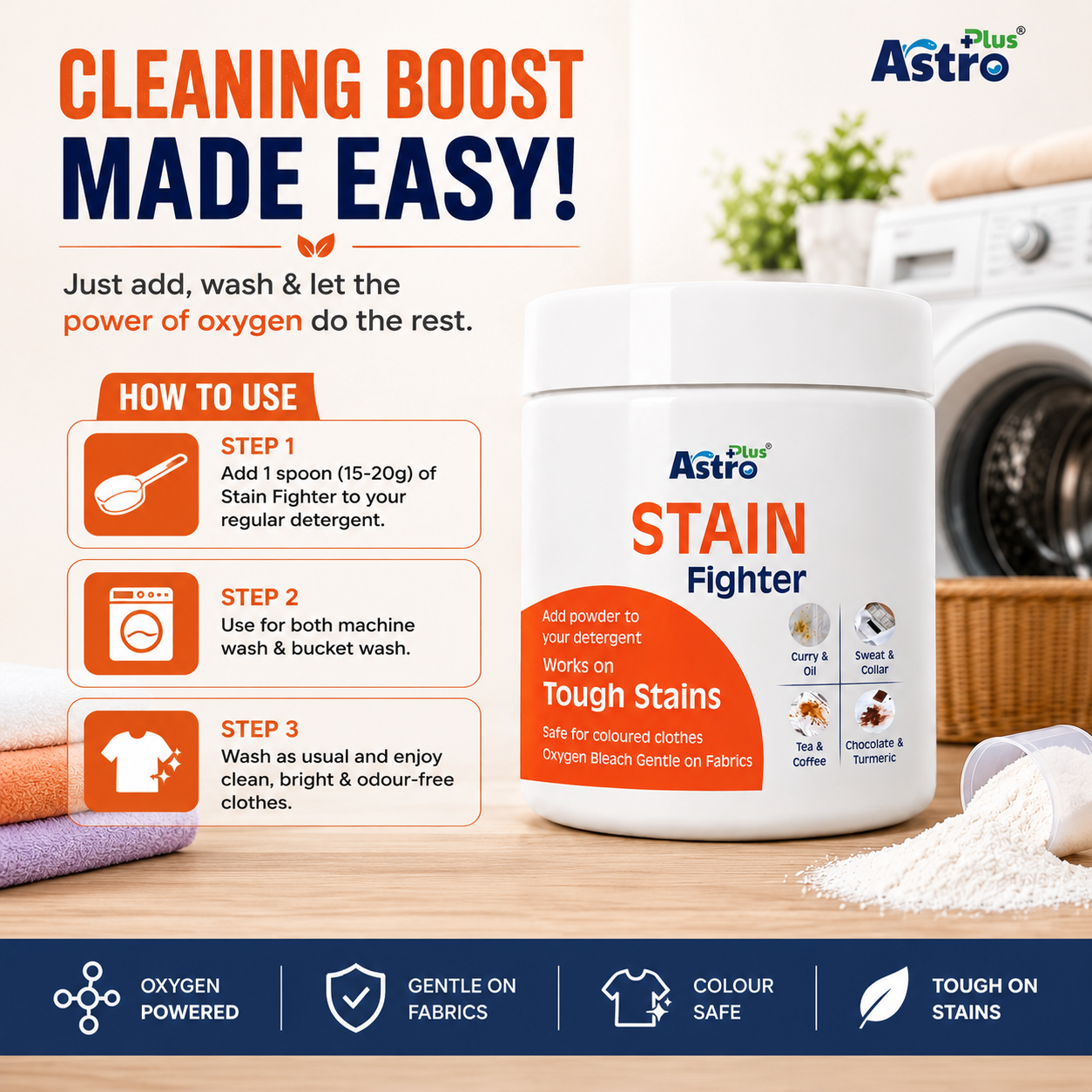 Astro Plus Stain Fighter oxygen bleach powder| fabric stain remover for coloured clothes| laundry stain remover powder| curry and oil stain remover| tea and coffee stain remover| chocolate stain remover powder| sweat and collar stain remover| oxygen bleach laundry booster| colour safe stain remover| Astro Plus fabric cleaner