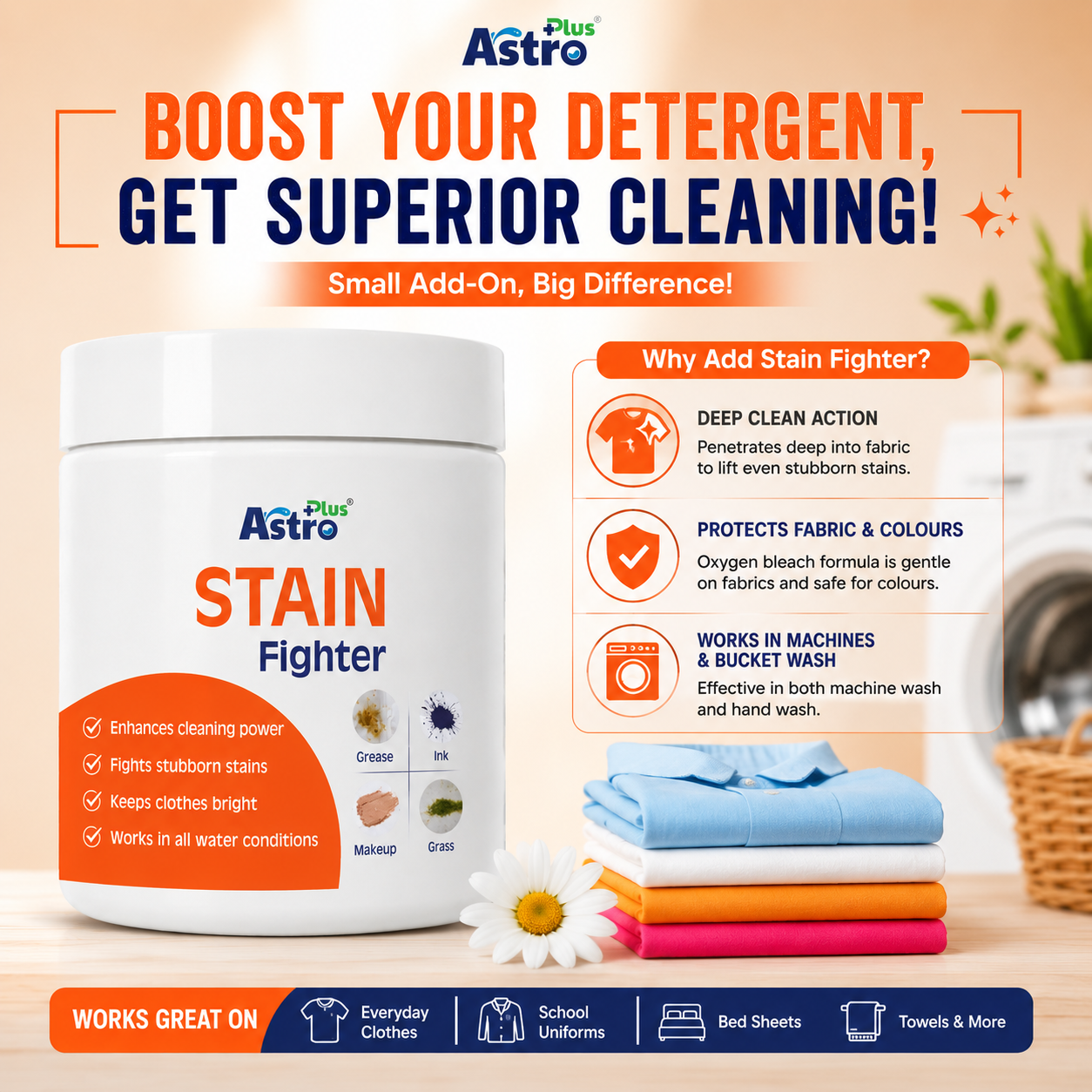 Astro Plus Stain Fighter oxygen bleach powder| fabric stain remover for coloured clothes| laundry stain remover powder| curry and oil stain remover| tea and coffee stain remover| chocolate stain remover powder| sweat and collar stain remover| oxygen bleach laundry booster| colour safe stain remover| Astro Plus fabric cleaner