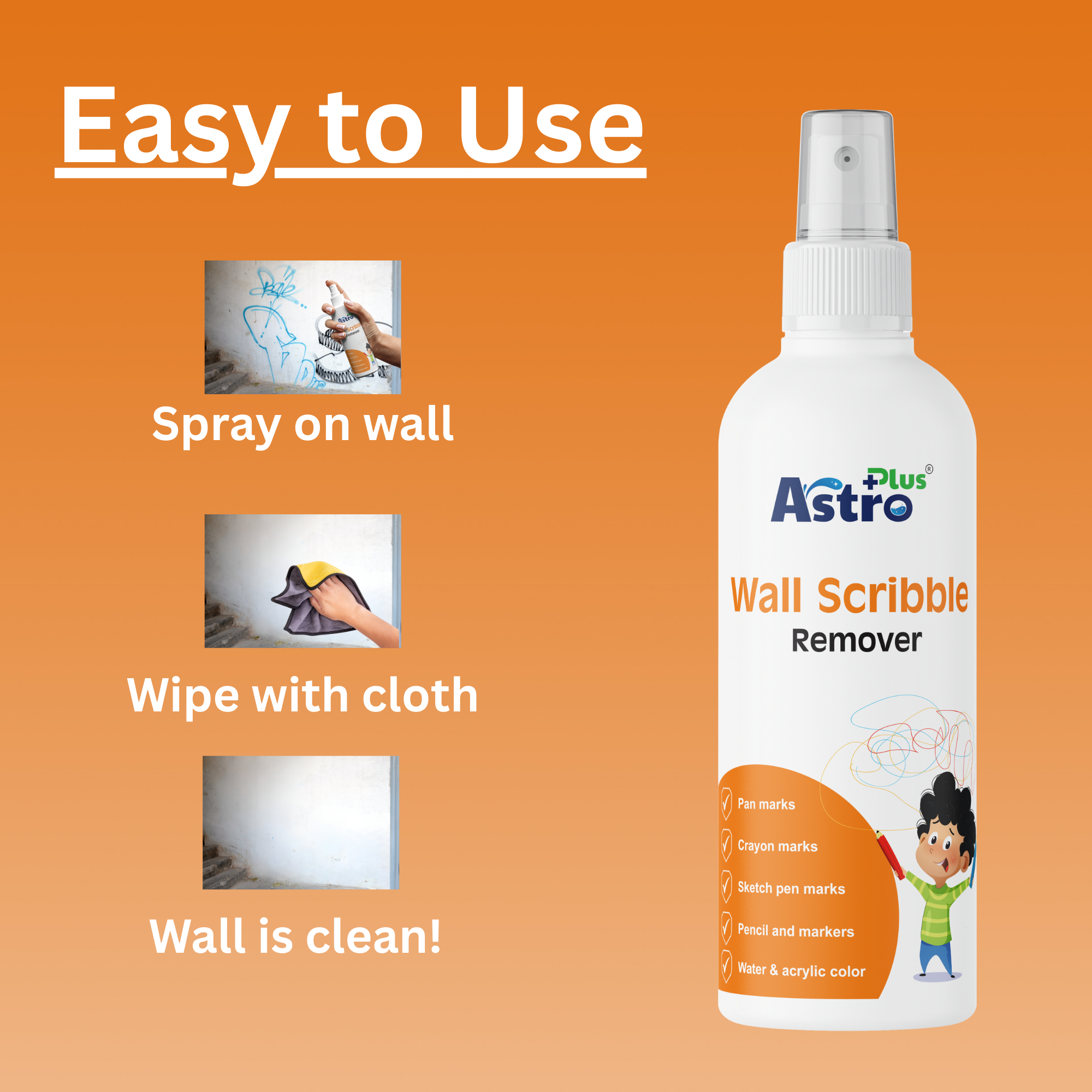 wall scribble remover | wall stain remover | crayon remover for walls | marker remover for walls | ink remover for walls | wall cleaner liquid | scribble remover spray | wall paint cleaner | washable wall cleaner | crayon marks cleaner | pen ink remover for walls | wall cleaning solution | tough stain remover for walls | paint safe wall cleaner | kids scribble remover | permanent marker remover wall | wall spot remover | wall mark remover | home cleaning product | Astro Plus wall scribble remover